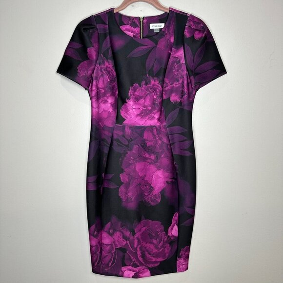Calvin Klein Sheath Scuba Dress Size 10P Black Pink Floral Work Career Event - Picture 1 of 8